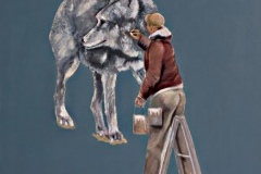 Mann auf Leiter Wolf, Öl auf Leinwand, 2017, 69 x 63,5 cm